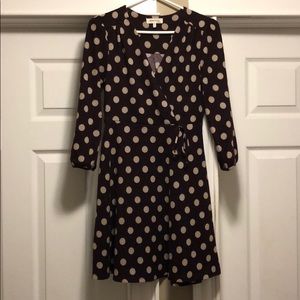 Burgundy dress with cream coloured dots.